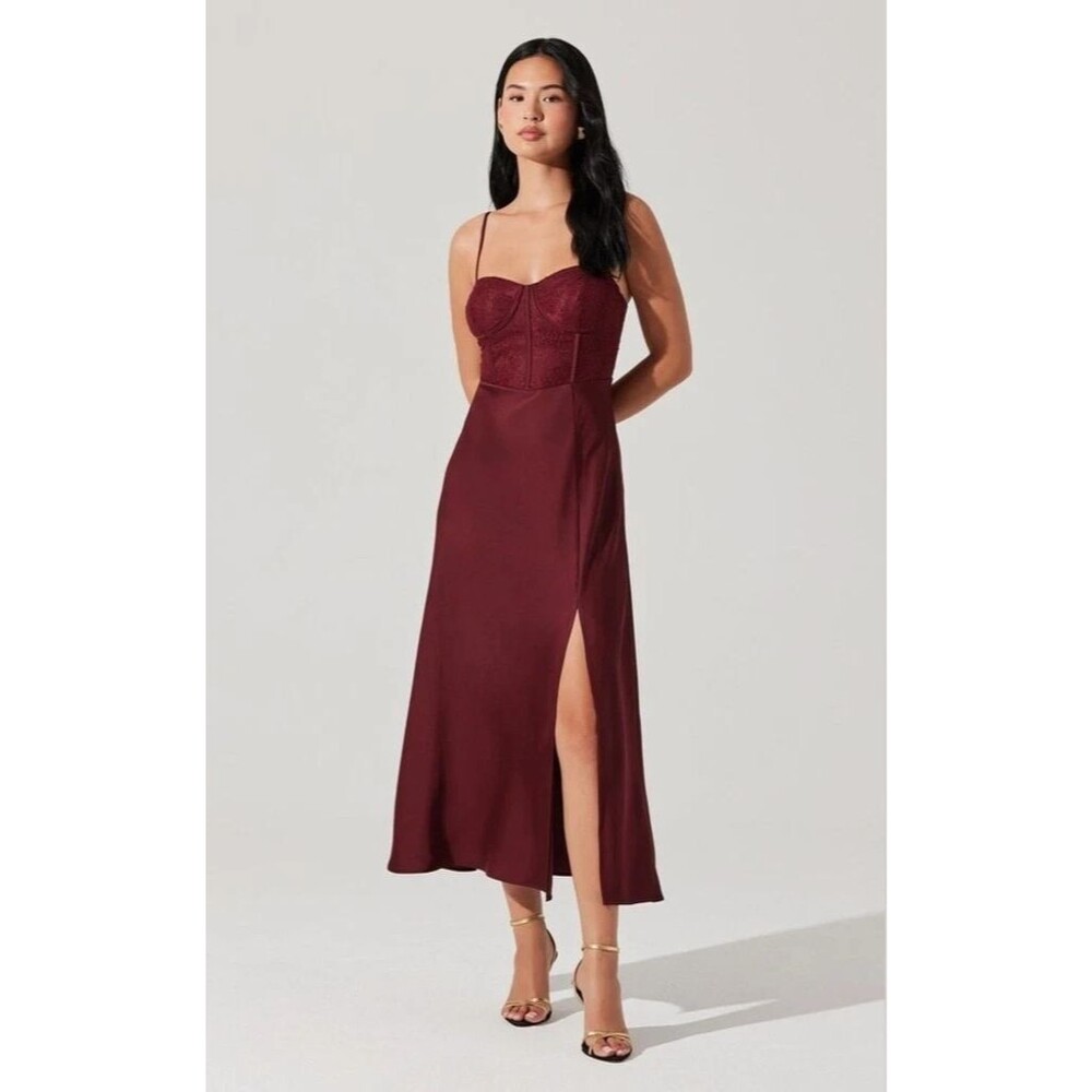 ASTR The Label Corset Bustier Slip Dress Womens Large Wine Lace Satin Romantic